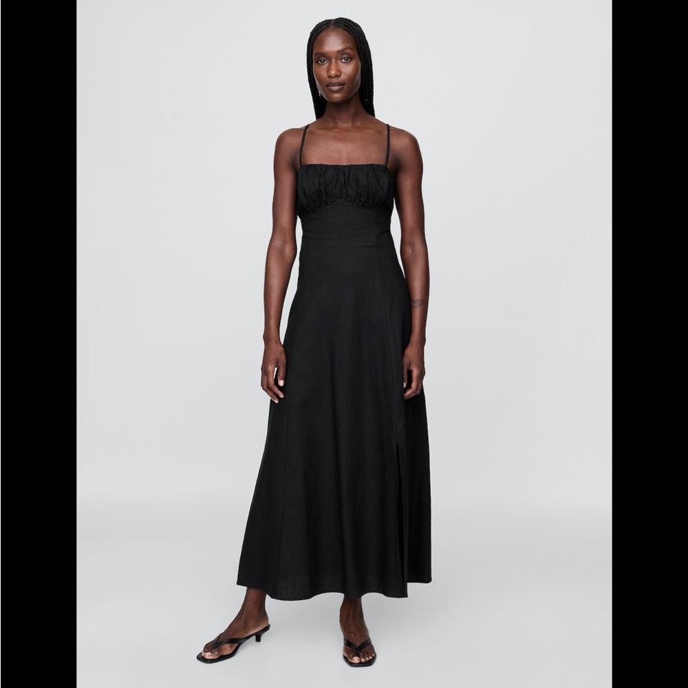 Linen-Blend Shirred Bodice Maxi Dress